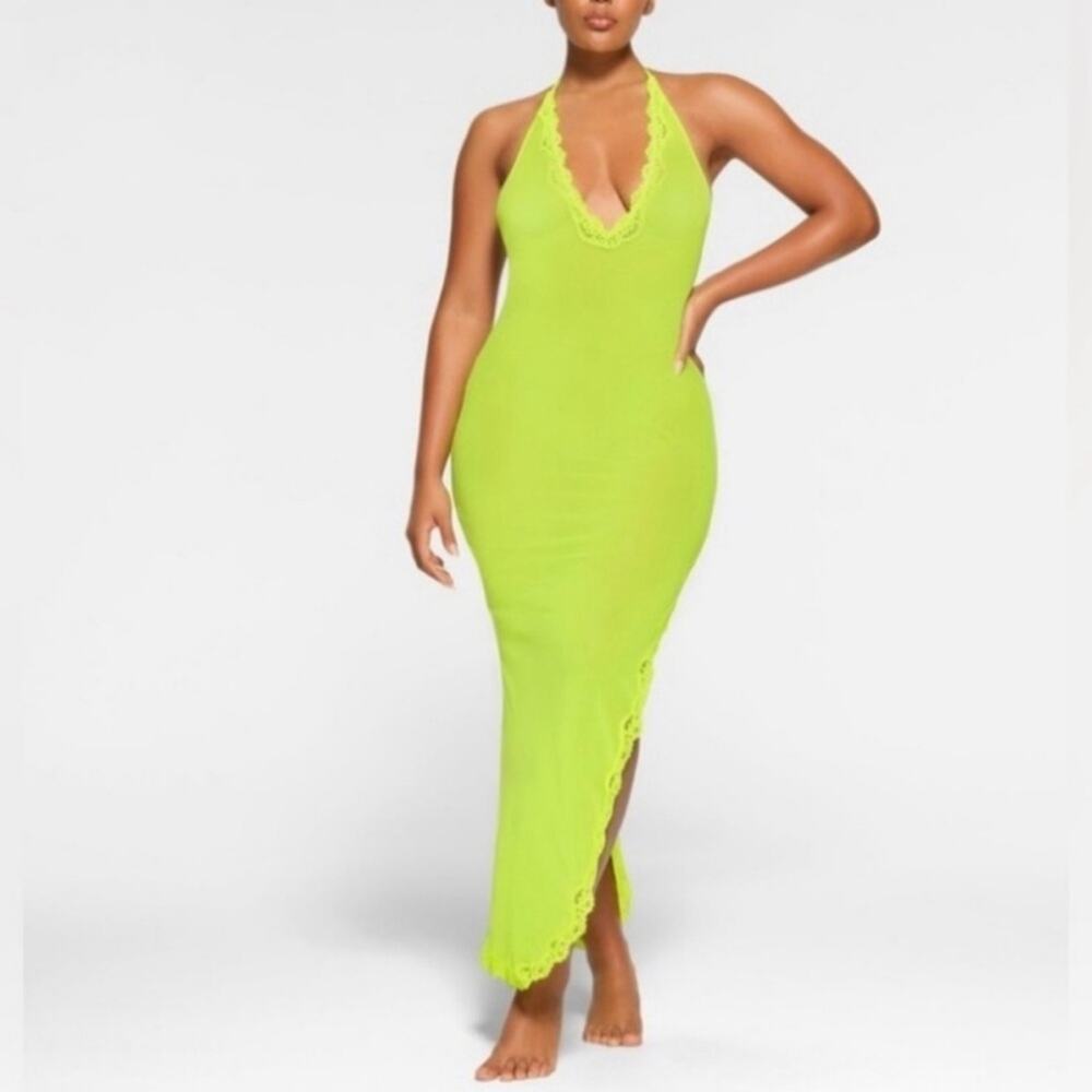 Skims Summer Mesh Lace Plunge Neon Green Highlighter Sleeveless Long Dress 2X - Picture 10 of 10